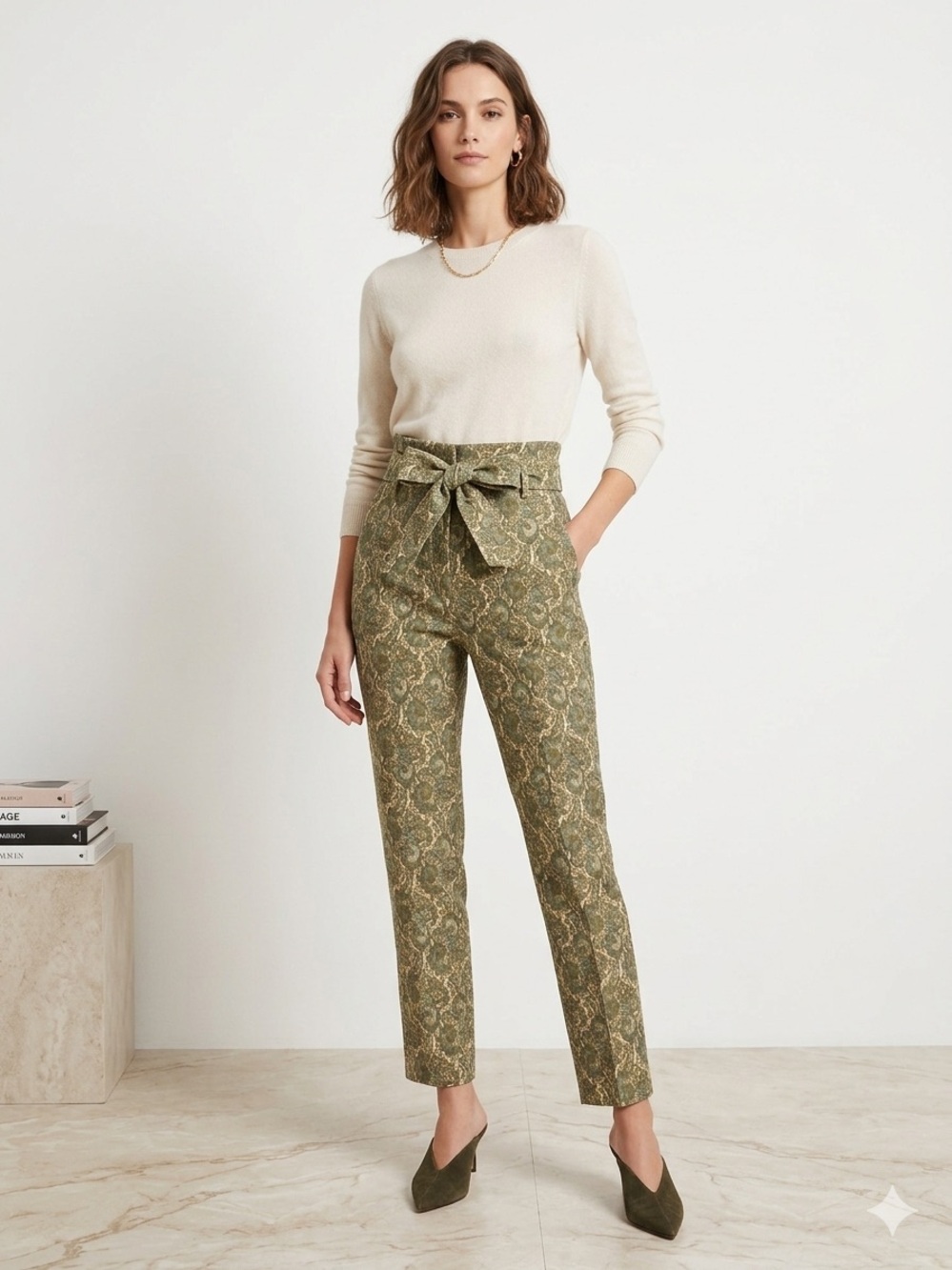 High-Waist Preppy Paperbag Tie Olive Paisley-Print Pants Indie Bohemian